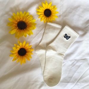 light blue butterfly socks | white